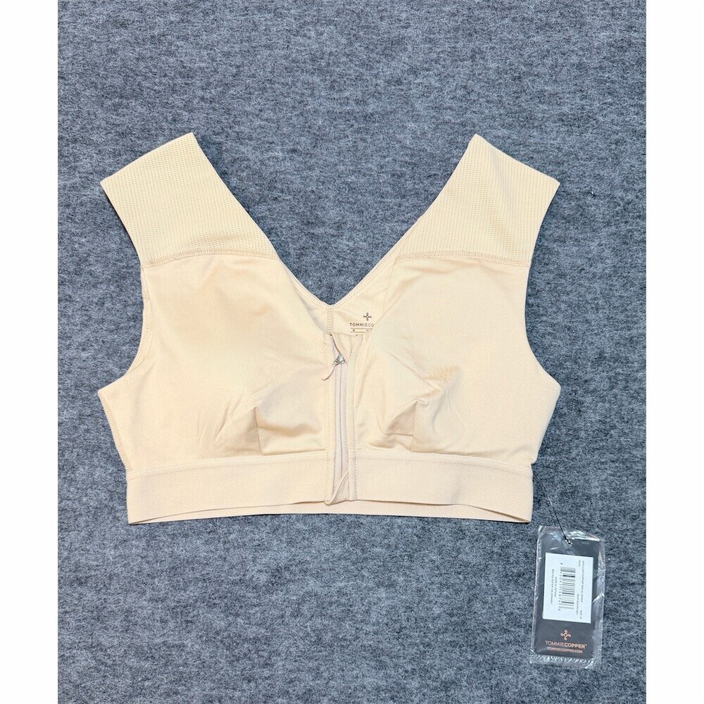 Tommie Copper Sports Bra Womens Size M Beige Front Zip Shoulder Support